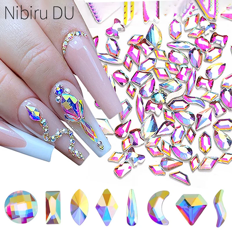 100Pcs Crystal AB Flat Back Nail Rhinestones Water Drop Horse Eye Mixed Shape Nails Crystals Beads Diamond Nail Art Decoration