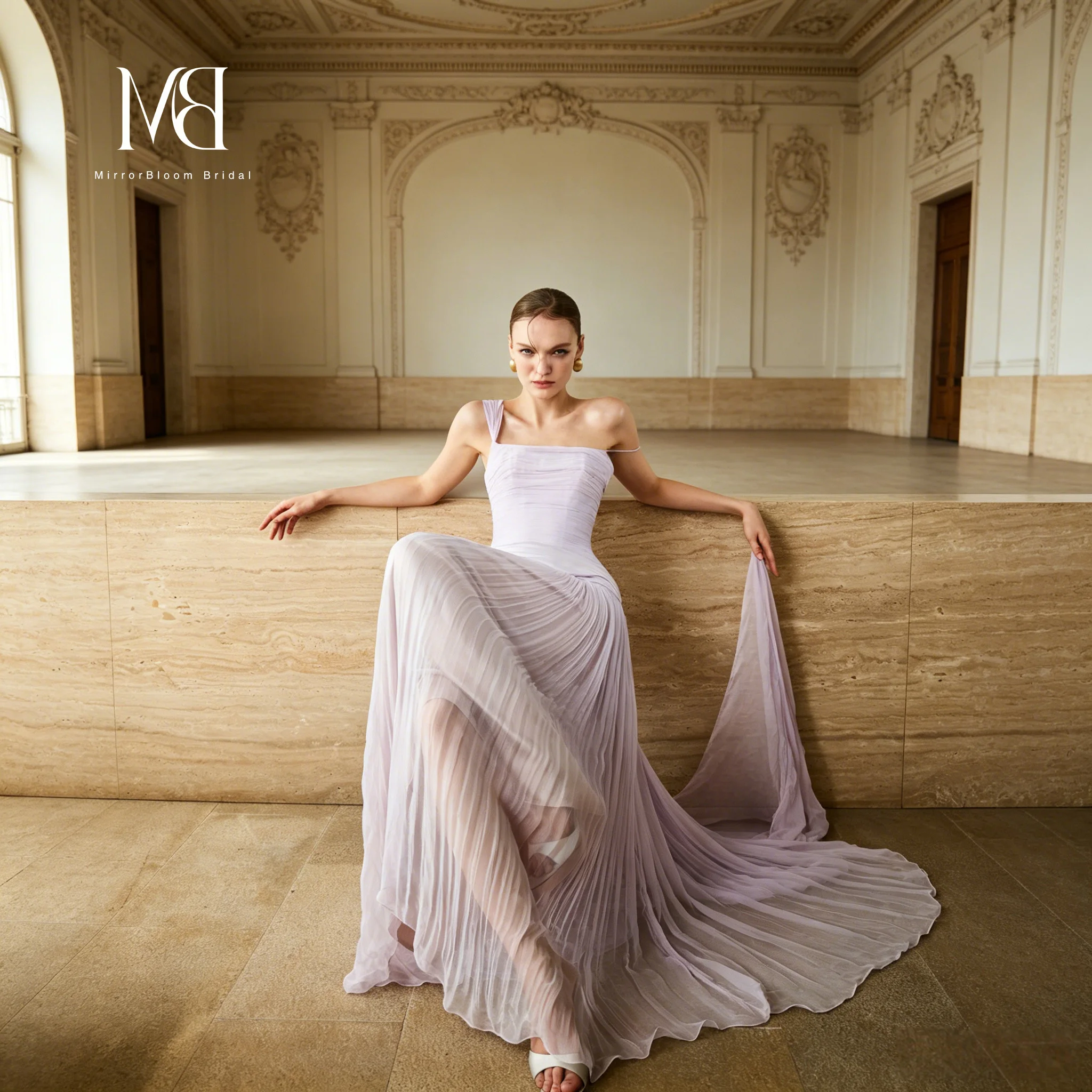 French Retro Design Pleated Fitted Slip Dress, Light and Airy Ribbon Waist-Cinching Tulle Skirt