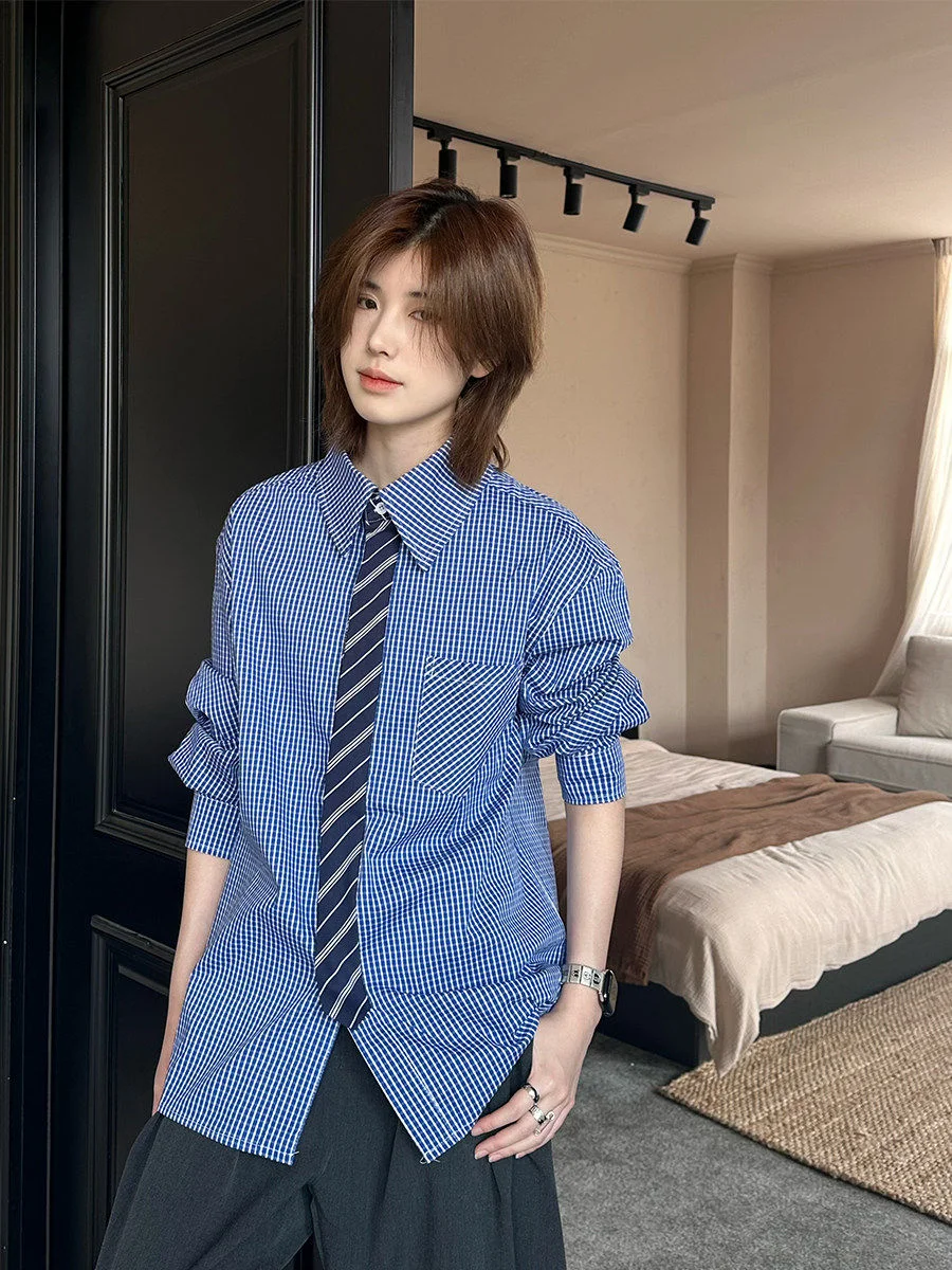 

Ja American Retro Plaid Long Sve Loose irt Fake Tie irt for Men And Women Couples Casual Top Polyester Fabric