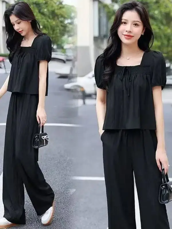 Faionable été minceur grande taille ensemble pour femmes col carré pantalon à jambes larges deux pièces Suite coréenne Sle taille haute Polye...
