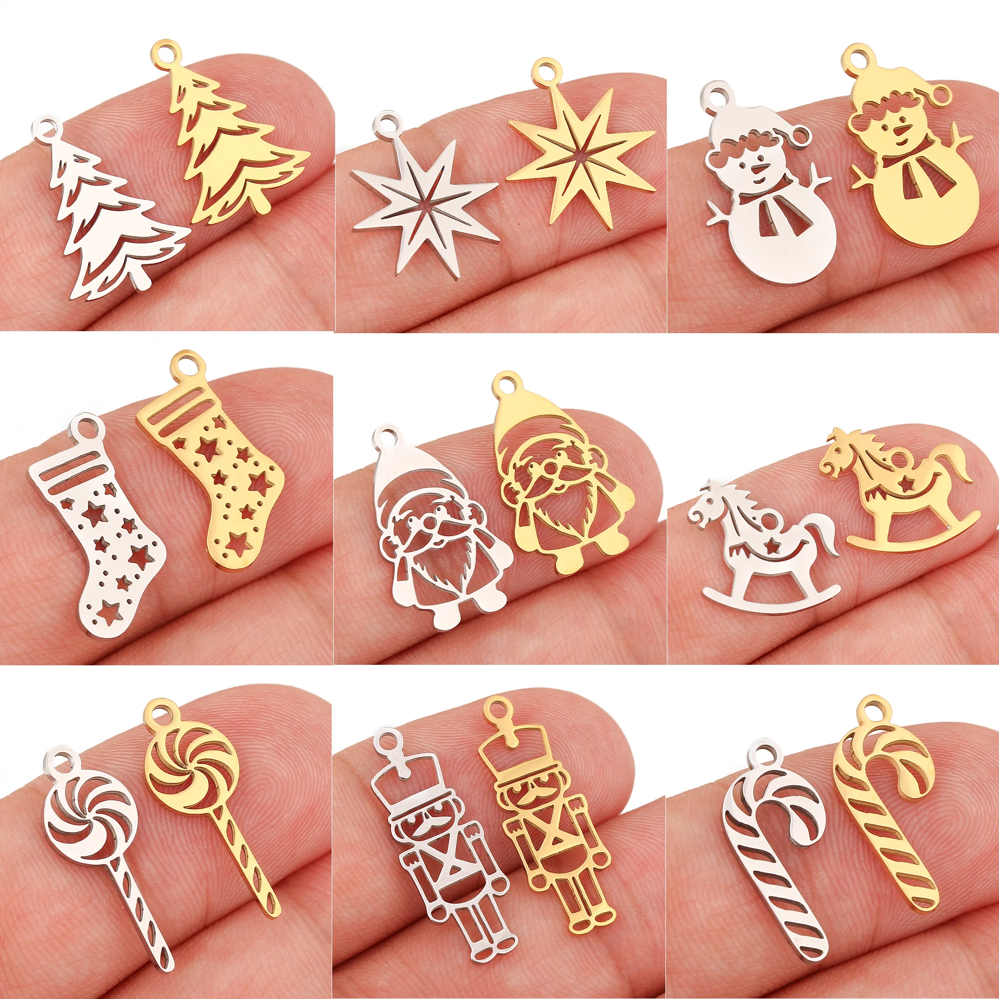 5Pcs/Lot Hollow Xmas Pendants Star Sock/Christmas Tree/Santa Claus Charm Stainless Steel DIY Necklace Bracelet Jewelry Makings