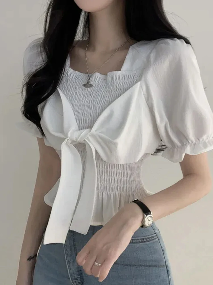 

Шикарный женский шифоновый топ с квадратным воротником в стиле ретро, утягивающая блузка с узлом, корейская блузка Sle Commute Wind