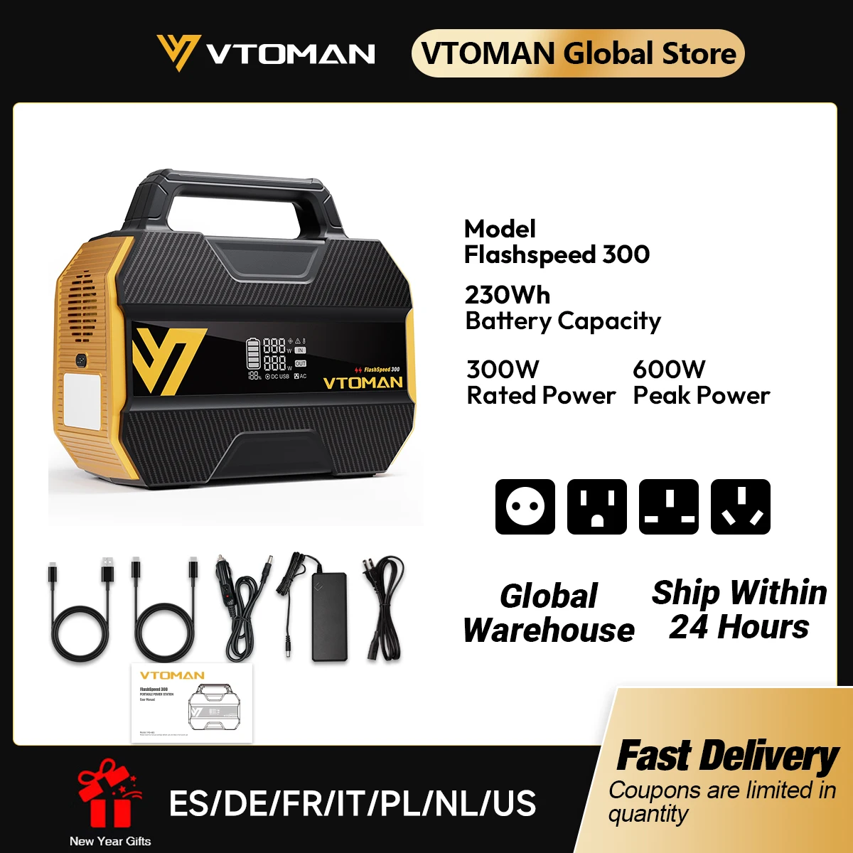 VTOMAN FlashSpeed 300 Centrale Elettrica Portatile 230Wh/70000mAh LiFeP04 Batteria Per Tenda Da Campeggio Esterna Viaggi Casa Energia