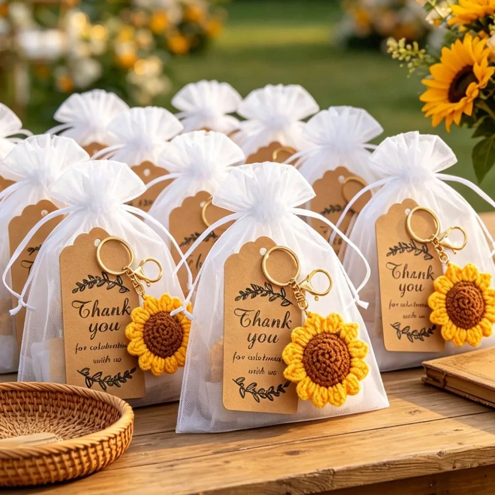 2-20 Ensembles de porte-clés tissés tournesol avec carte de remerciement et sac, pour cadeaux de fête prénatale, de mariage et pour invités (vente en gros)