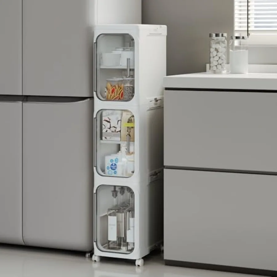 

Tall Narrow Storage Cabinet, Slim Bathroom Storage Cabinet with Adjustable Shelves and Wheels, Narrow Organizer for Small Space
