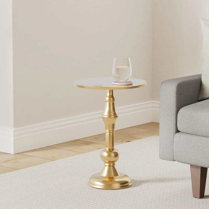 Small Round Gold End Table, Accent, Side, Pedestal, Cocktail and Drink Table for Living Room and Small Space