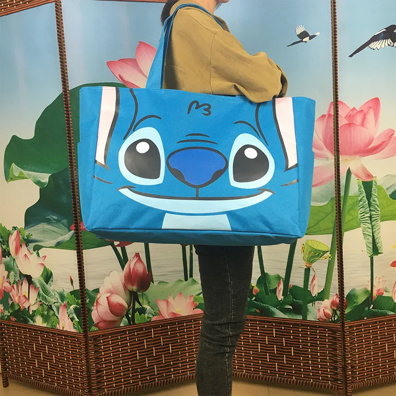 Tas tangan kapasitas besar, tas penyimpanan Anime Disney, tas kanvas Stitch tas bahu dapat dilipat, tas tangan kapasitas besar, tas belanja mode