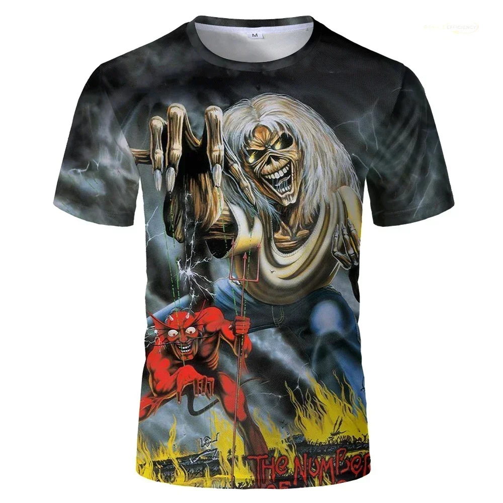 تي شيرت Iron Maiden Piece of Mind Vintage: Eddie مع سلاسل، أضرار الدماغ 1983، قميص مروحة الموسيقى السوداء