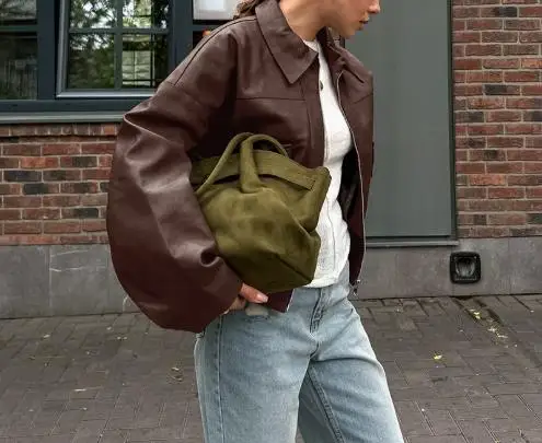 Winter Solid Color Pilot Jacket Retro Style Leather Jacket Women's Fashionable High Street Lapel Zipper Waist Leather Jacket