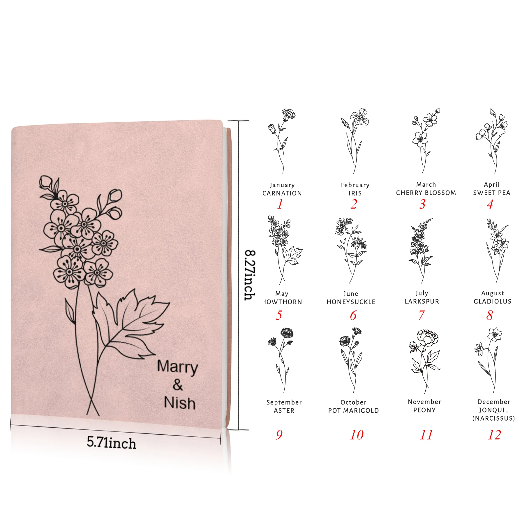 Personalized Birth Flower Notebook Custom Name Journal Anniversary Birthday Gift Leather Notepad Stationery Office Supplies