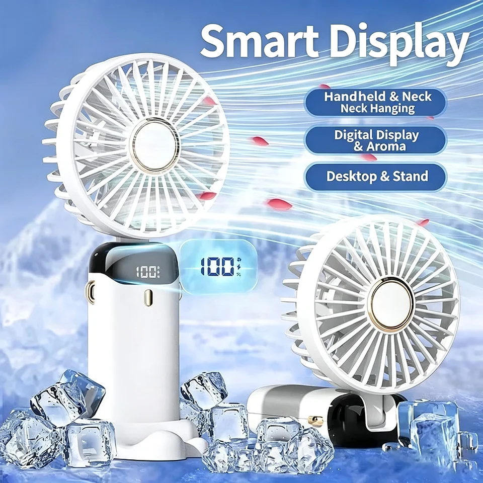 1800mAhバッテリー内蔵のポータブル小型扇風機。折りたたみ式で、5段階の風量調節が可能。USB充電式で、卓上、屋外、首掛けとして使用でき、スマートフォンスタンドとしても利用可能。