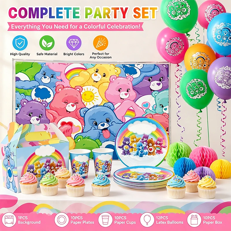 Cartoon Care Bears Themen-Geschirrset: Kreative Pappteller, Becher und Papierboxen für Geburtstagsfeiern und Familientreffen – Detail 1