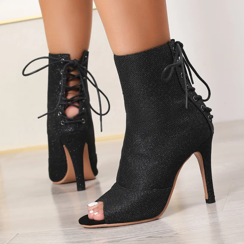 High Quality Women Thin HIgh Heels Lace-up Boots Stilettos Jazz Dance For Latin Dancing Outdoor Sexy Stilettos Booties Big Size