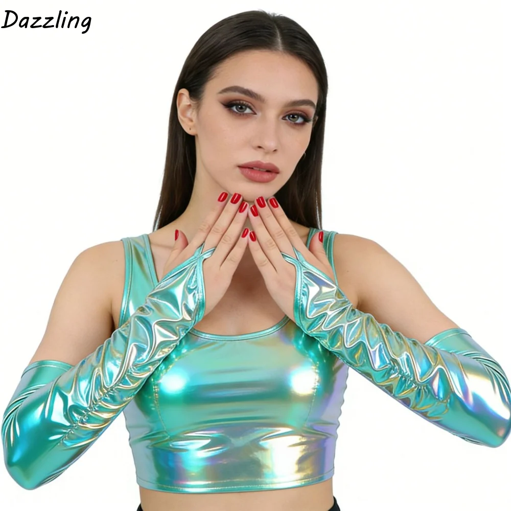 Slim Elastic Hook Finger Long Gloves Cloth Shiny Patent Leather Black Gloves Punk Gothic Women Gloves Dance Stage Performance