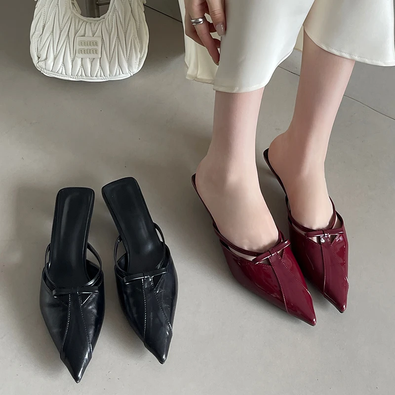 Red Women Mules Elegant Sandals Pumps Summer Female Shoes Low Heels New In Fashion Ladies Sandal Pointed Toe Slides Footwear