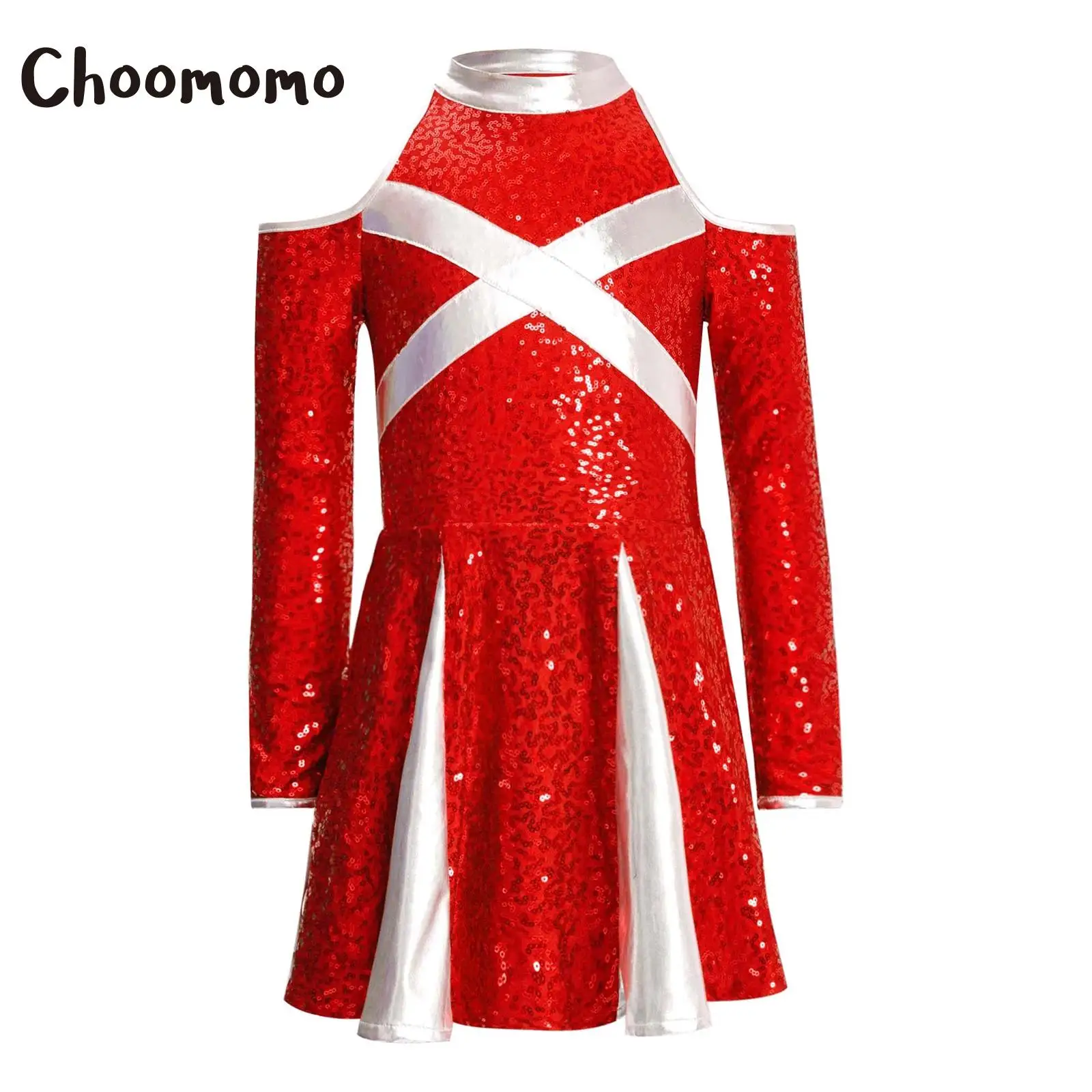 Costume de spectacle de pom-pom girl à paillettes, robe de leader de pom-pom girl pour enfants filles, épaule froide, manches longues, trou de serrure au dos, robe bloc de couleur