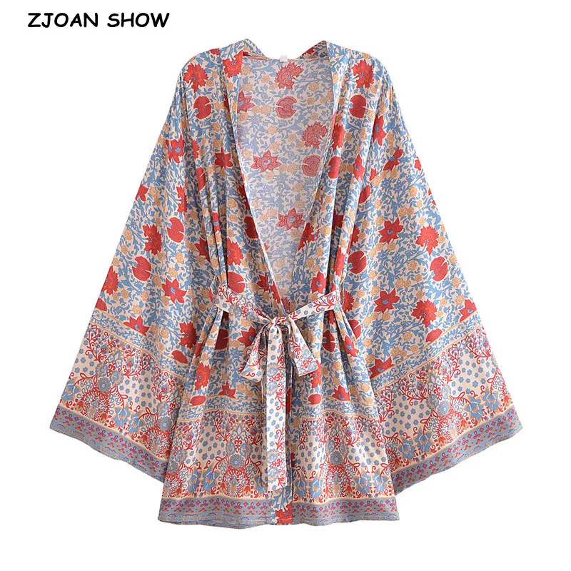 2023 BOHO Women V neck Blue Red Flower Print Kimono Shirt Holiday Tide Bow Sashes Mid Long Cardigan Summer Blouse Beach Cape