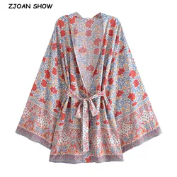 2023 BOHO Women V neck Blue Red Flower Print Kimono Shirt Holiday Tide Bow Sashes Mid Long Cardigan Summer Blouse Beach Cape