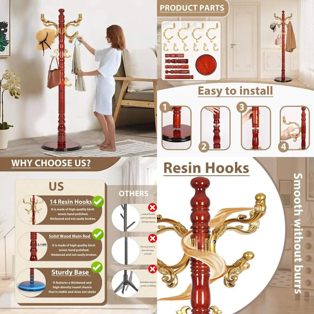 

Sturdy Freestanding Birch Wood Coat Rack with 14 Hooks and Round Base