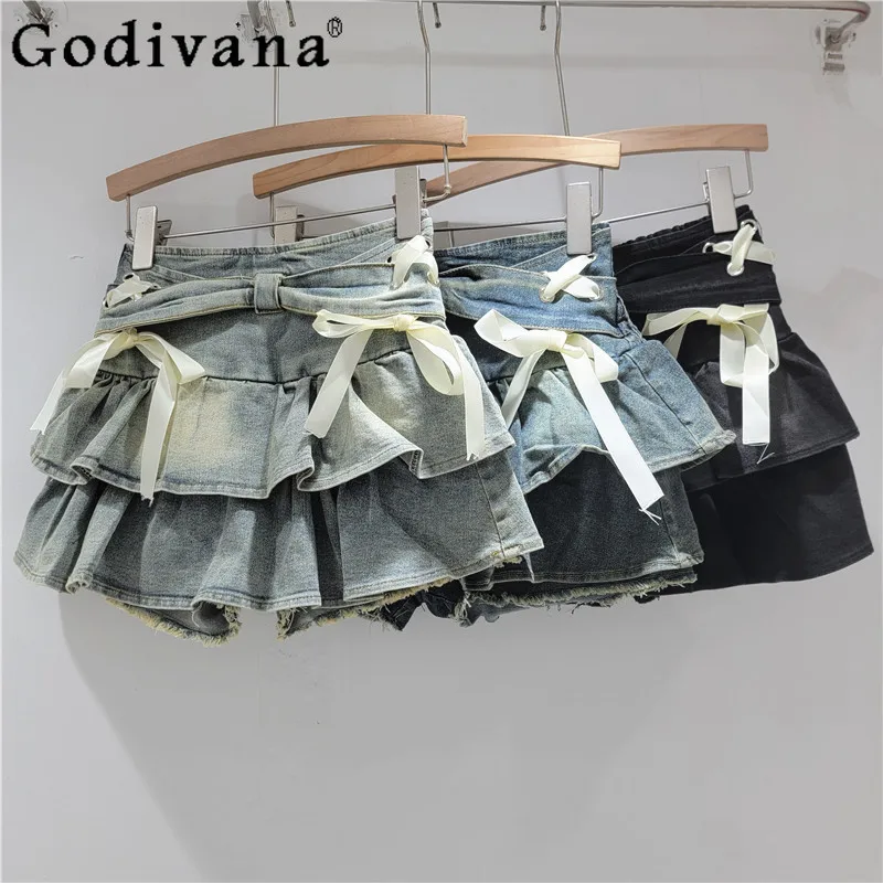 

Summer New American Sexy Bow High Waist A-line Sweet Cake Denim Skirt Sweet Girls Fashion Age Reduction Versatile Short Skirts