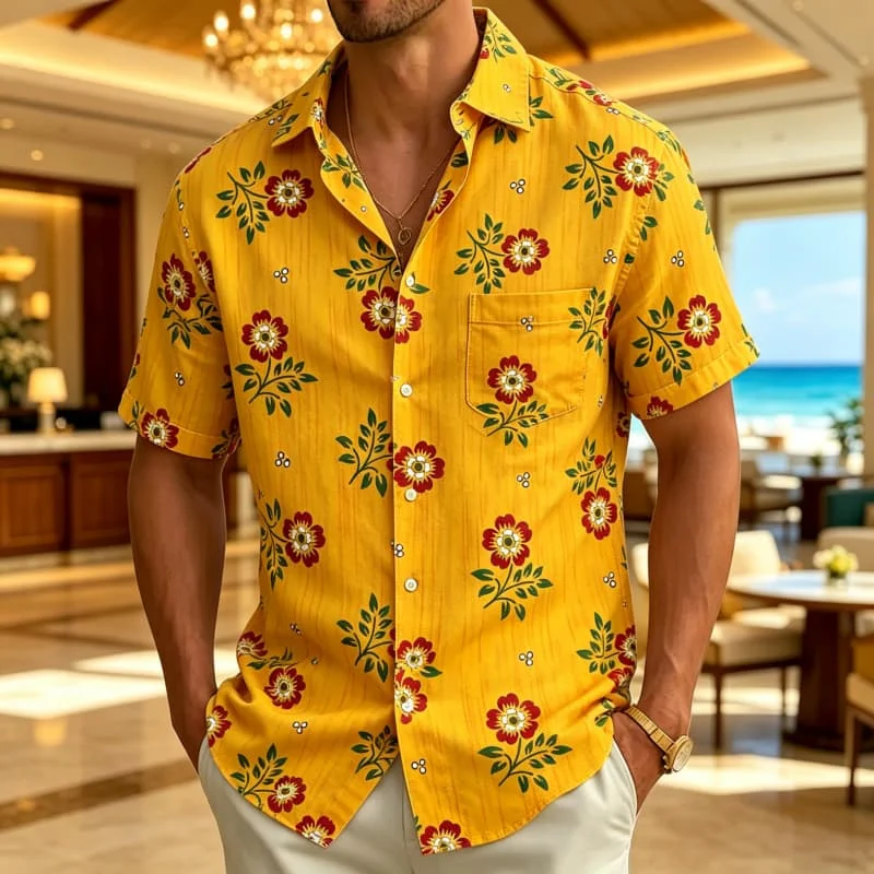 Men's Fresh Floral Print Short Sleeved shirt, With A Fresh Artistic style, Suitable For Summer Daily Life And Beach Vacations