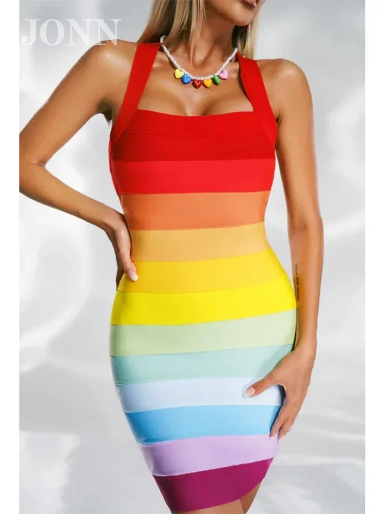 

JONN Sexy Backless Rainbow Bandage Beach Dress Women Spaghetti Strap Colorful Bodycon Mini Dress Evening Birthday Club Outfits