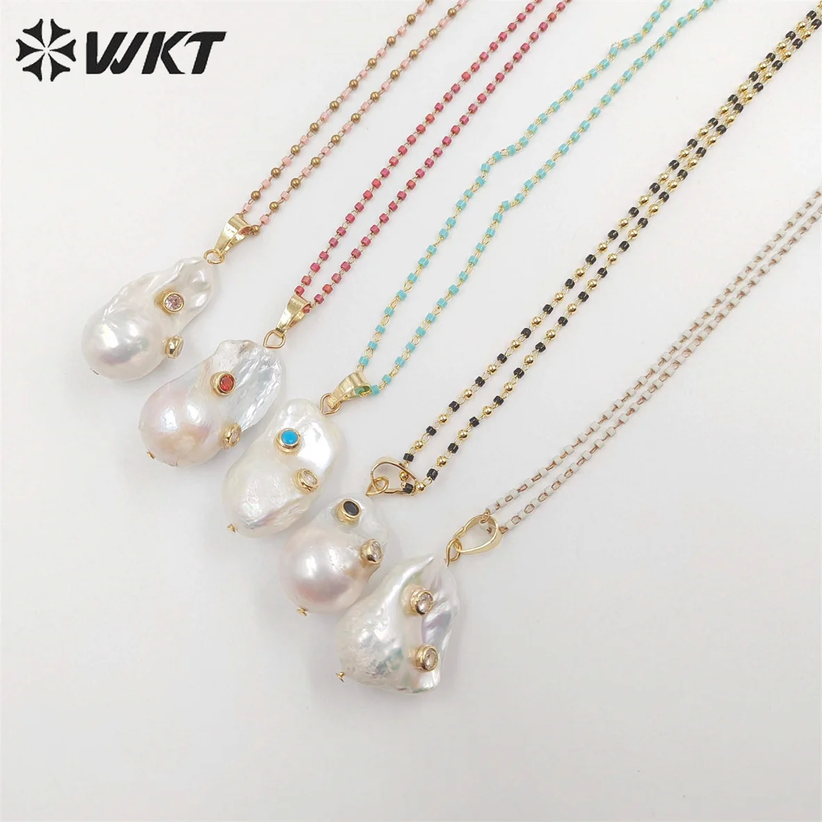 WT-JN091  WKT Special Design Multi-optional Colors Crystal Necklace With Baroque Pearl Pendant Gift For Women with charms