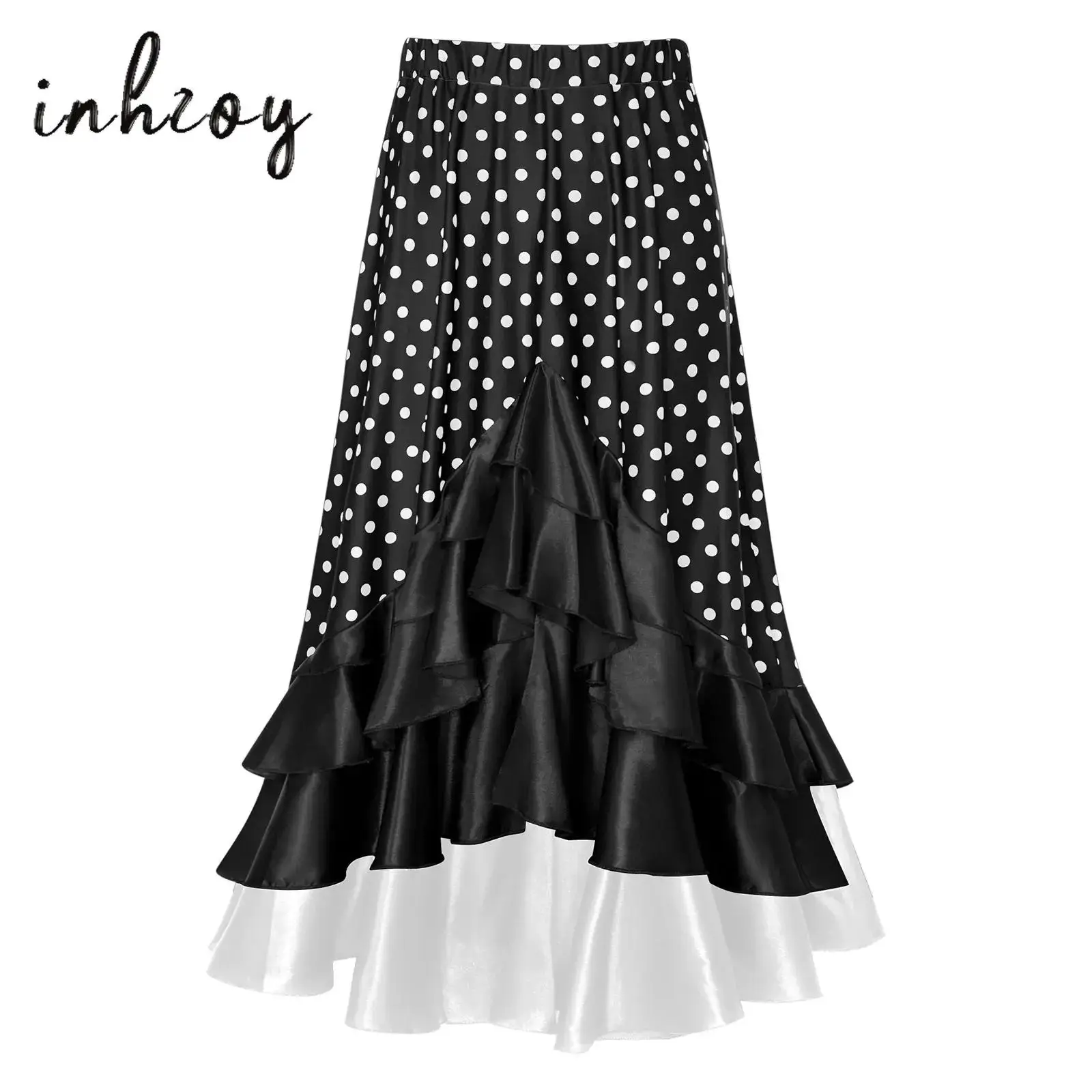 Gonna da ballo di flamenco spagnolo per ragazze Gonne lunghe con volant in raso a pois Classico Flamengo Gypsy Dancewear Costume da spettacolo teatrale