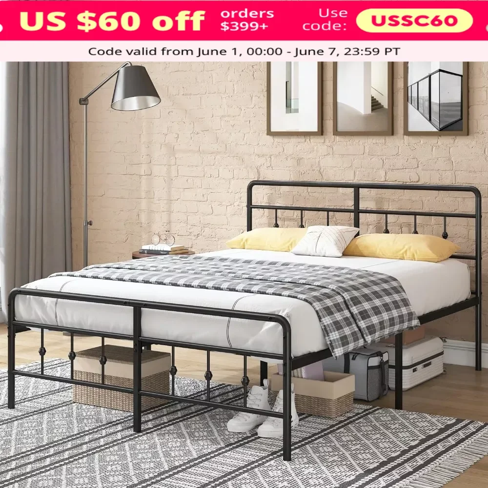 

Queen Bed Frame with Headboard and Footboard,18 Inch Tall Queen Bed Frame, Vintage, Sturdy, No Box Spring Needed, Bed Frame