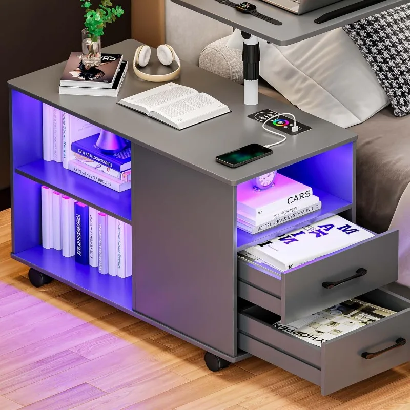 

Height Adjustable Nightstand Laptop Tray LED Bedside Tables Modern Night Stand Side Table Human Body Induction Living Room