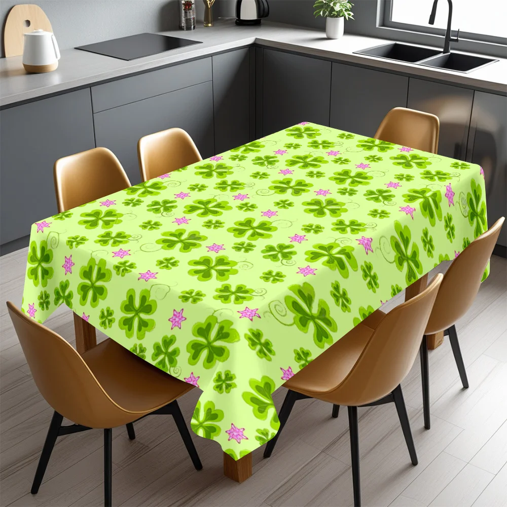 Four Leaf Clover Tablecloth,Light Green Base With Shamrock Star Graphic Print,Rectangular Table Cover for Dining & Kitchen Decor
