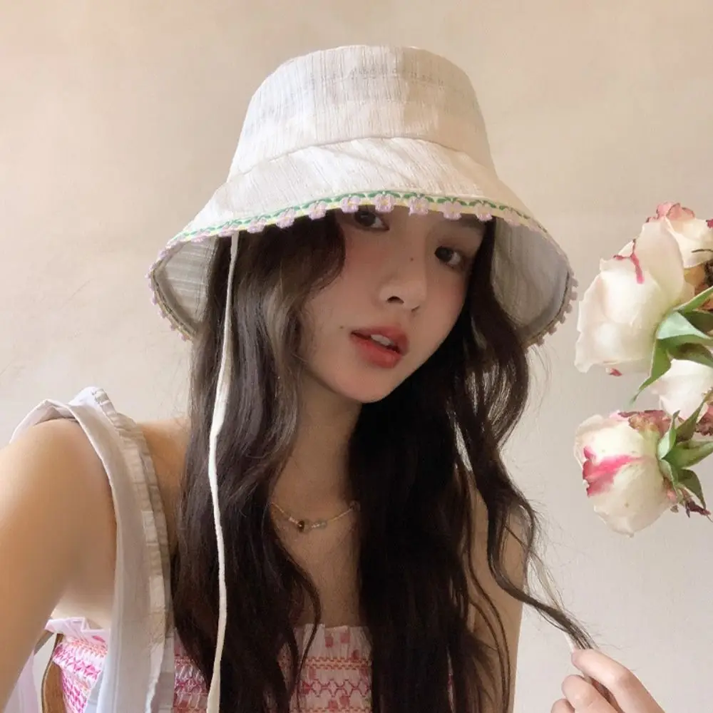 

Elegant Sweet Summer Fisherman Hat French Style Foldable Lace-up Sun Caps Japanese Big Brim Women's Sun Hat Beach