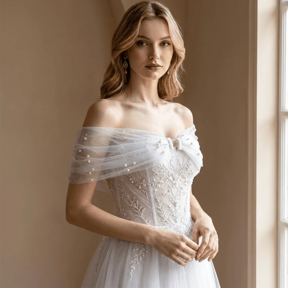 With Pearls Bridal Sleeves Multiple Colors Wedding Dress Detachable Shoulder Straps Solid Color One-Shoulder Bridal Shawl Party