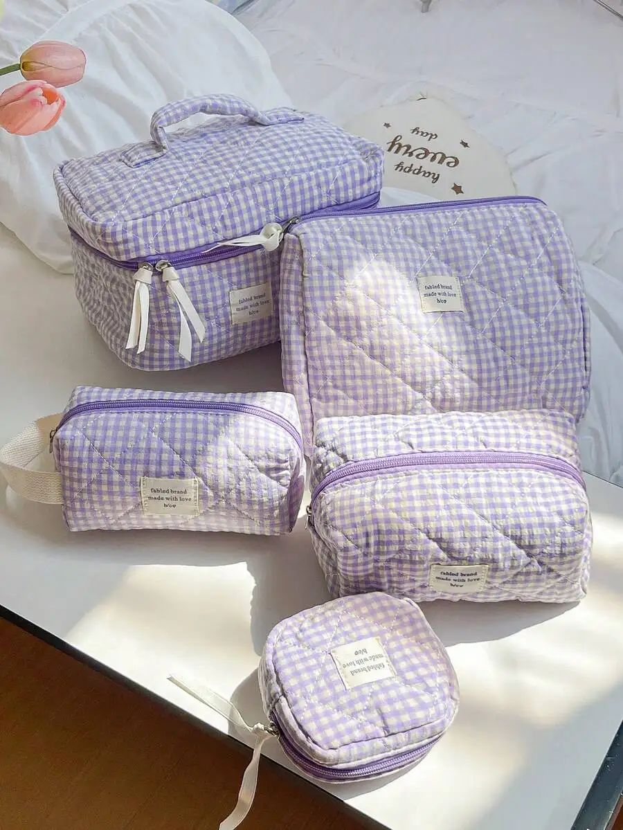 

Набор из 5 косметичек с фиолетовым клетчатым узором для путешествий и повседневного использования