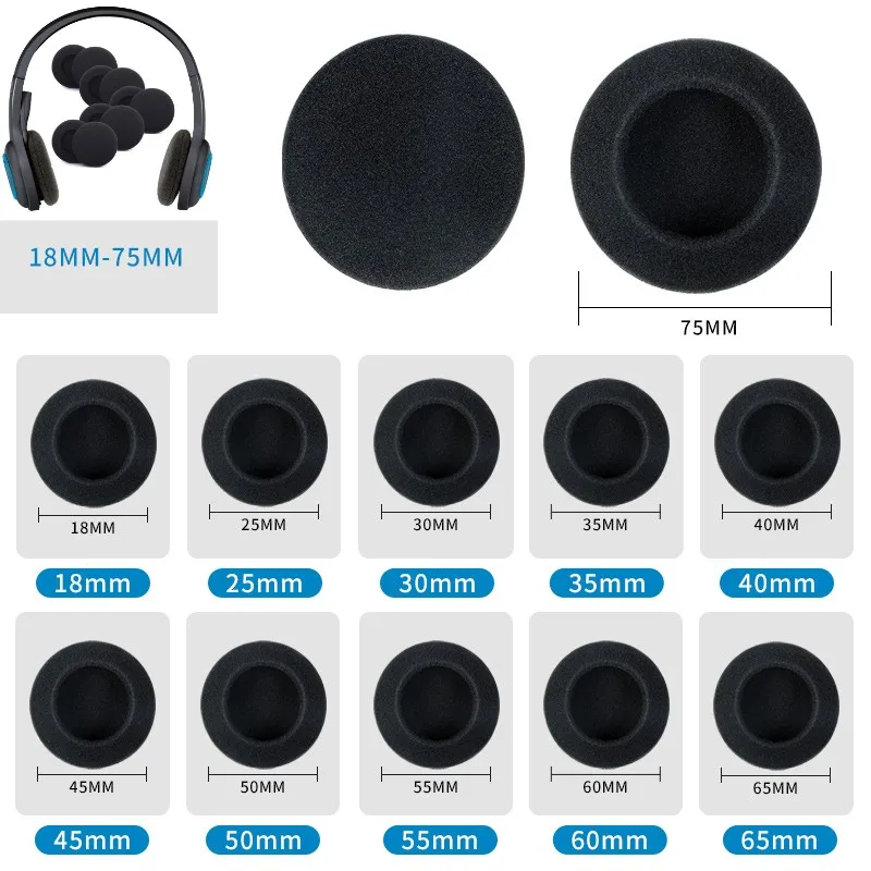 50 Pcs Round Sponge Cover 18mm 30mm 40mm  80mm Replacement Cushions Earphone Cotton Earphone Cover Earmuffs Ear Tips Earbuds
