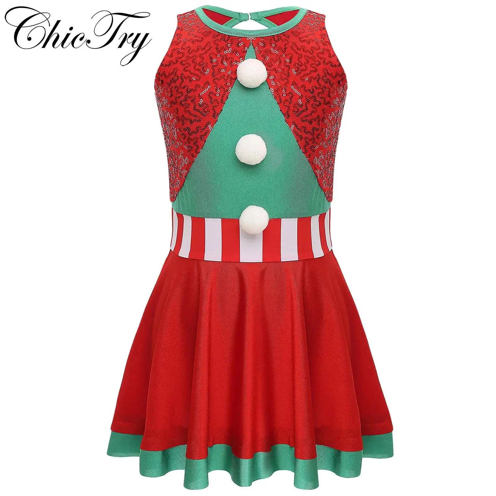 

Kids Girls Christmas Elf Costume Xmas Cosplay Sleeveless Ballet Skating Dress Santa Claus Fancy Festival Holiday New Year Dress