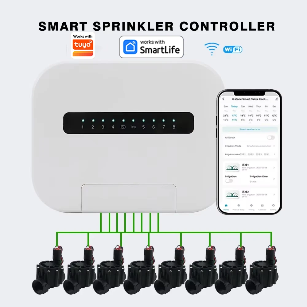 Système d'arrosage intelligent WiFi à 8 stations, contrôleur d'irrigation de jardin à 6 zones, minuterie de valve d'eau pour l'application Tuya, arrosage automatique
