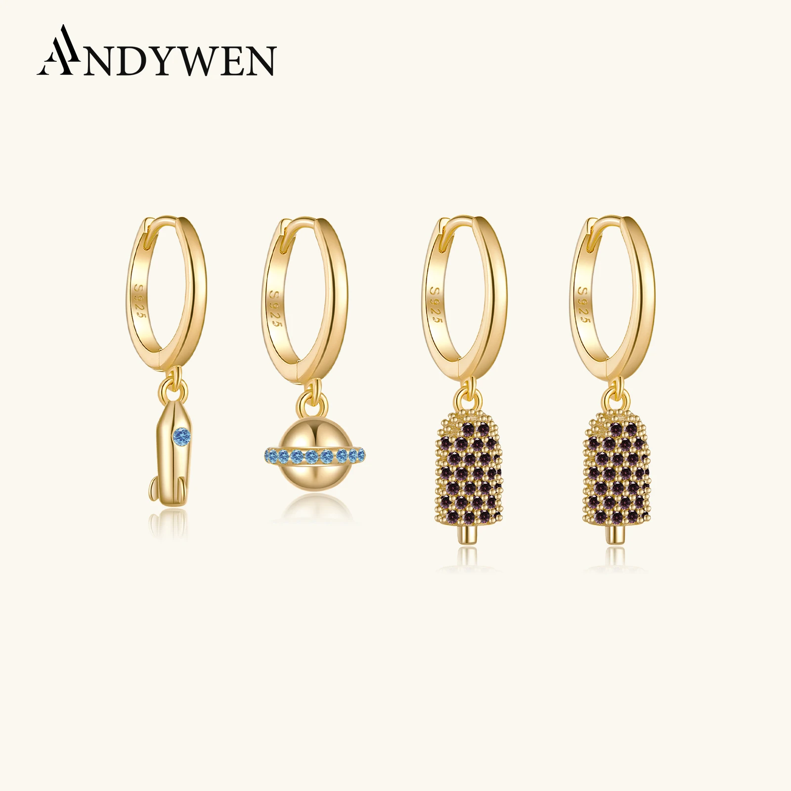 

ANDYWEN 925 Sterling Silver Gold Beyond Popsicle Dream Charm Drop Earring Piercing Pendiente Clips Zircon Blue Brown Jewels