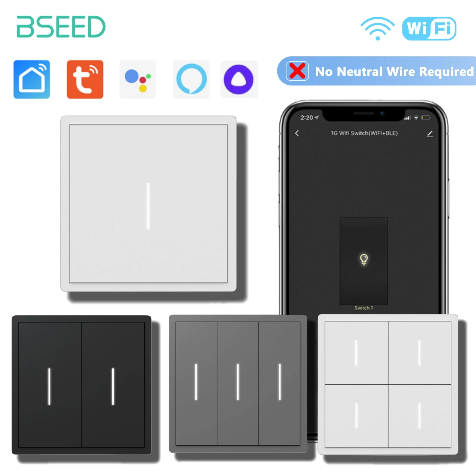 

BSEED WIFI Click Switches No Neutral Wire Required Wall Light 86*86mm Soft Skin Smooth Click Buttons Switches For Tuya Google