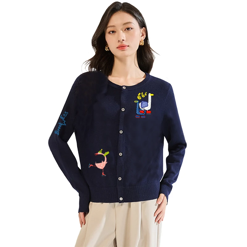 

Женский кардиган из 100% шерсти с круглым вырезом и пуговицами спереди, собака, слон, кролик, медведь, гусь, принт, тонкая талия, подходит для весны и осени