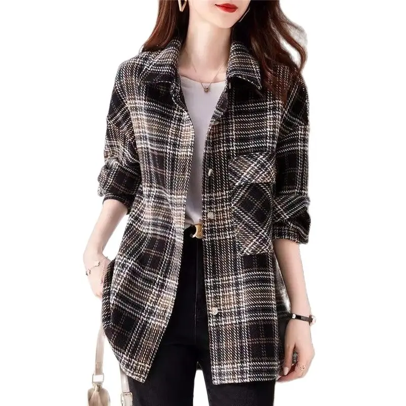 Fashion Long Sleeve Sanding Plaid Shirts Female 2023  Spring Autumn Casual Women's Shirt Jackets Mid-Length Thin Coat Tops