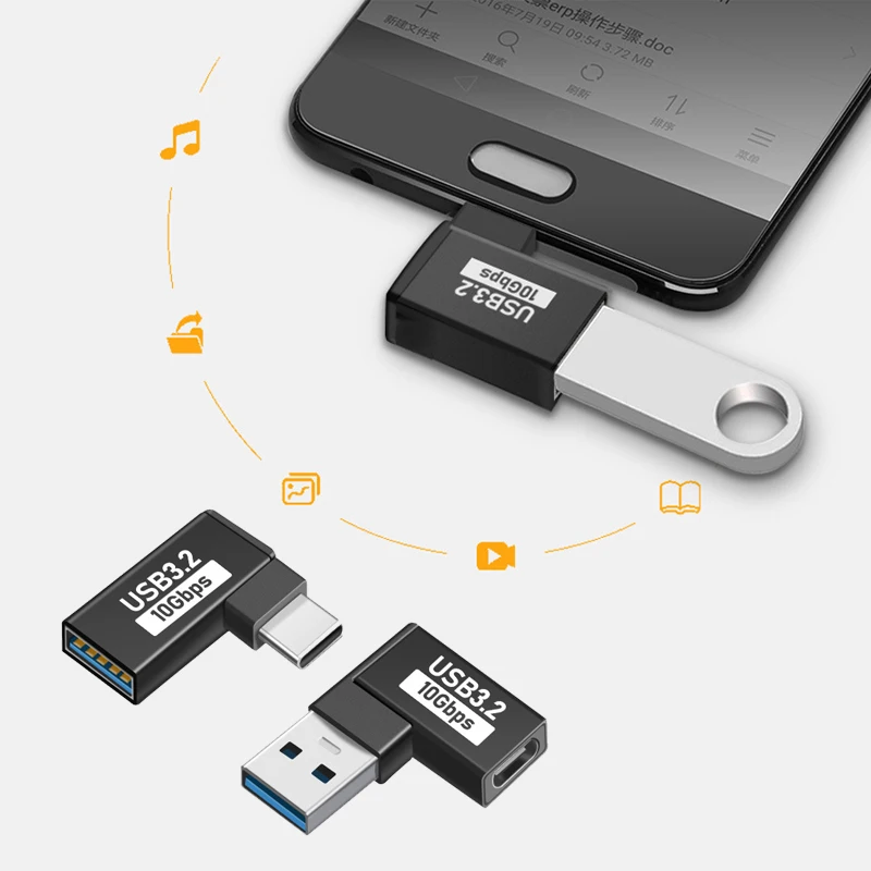 Adaptador USB en forma de U, adaptador de ángulo recto de 90 grados, USB hembra a USB macho, adaptador de datos rápido de 10Gbps, convertidor de carga