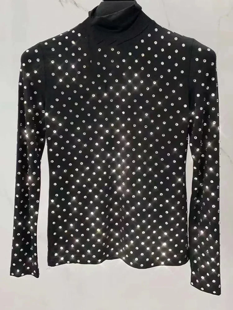 Fashion Women's T-Shirt Sexy Slim High Neck Long Sleeve Rhinestones Diamond Black Hollow Out Tops Autumn 2023 New  O375