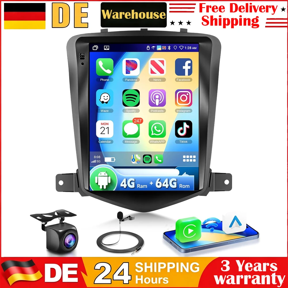 9,7" Android 15 Doppel-DIN 4GB+64GB Touchscreen-Autoradio für Chevy Cruze 2008-2015, unterstützt Wireless Carplay & Android Auto, GPS-Navigation, FM RDS, DSP, SWC, 5G WiFi, Bluetooth, Mirror Link,