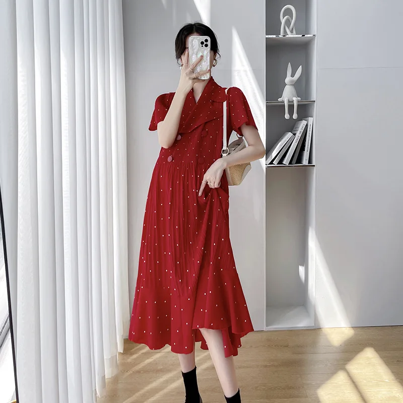 Maternity Dress Summer 2026 Elegant Temperament Polka Dot Double Breasted Collar Neck Ruffle Dress For Pregnant Women