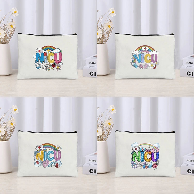 Nicu Rainbow Nurse Canvas Bag Sundry Storage Zipper Pouch Office Supplies Pencil Case Wallet Travel Lipstick Bag Gift for Nurses
