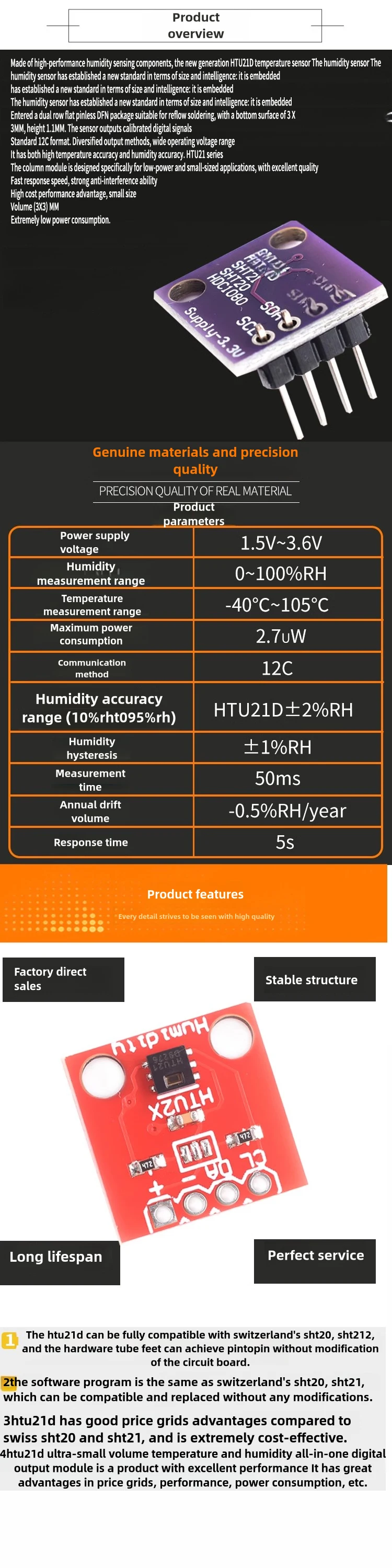 HTU21D Temperatur- und Feuchtigkeitssensor GY-213V-HTU21D I2C Ersatz für SHT21 SI7021 HDC1080 Modul für Arduino – Detail 1