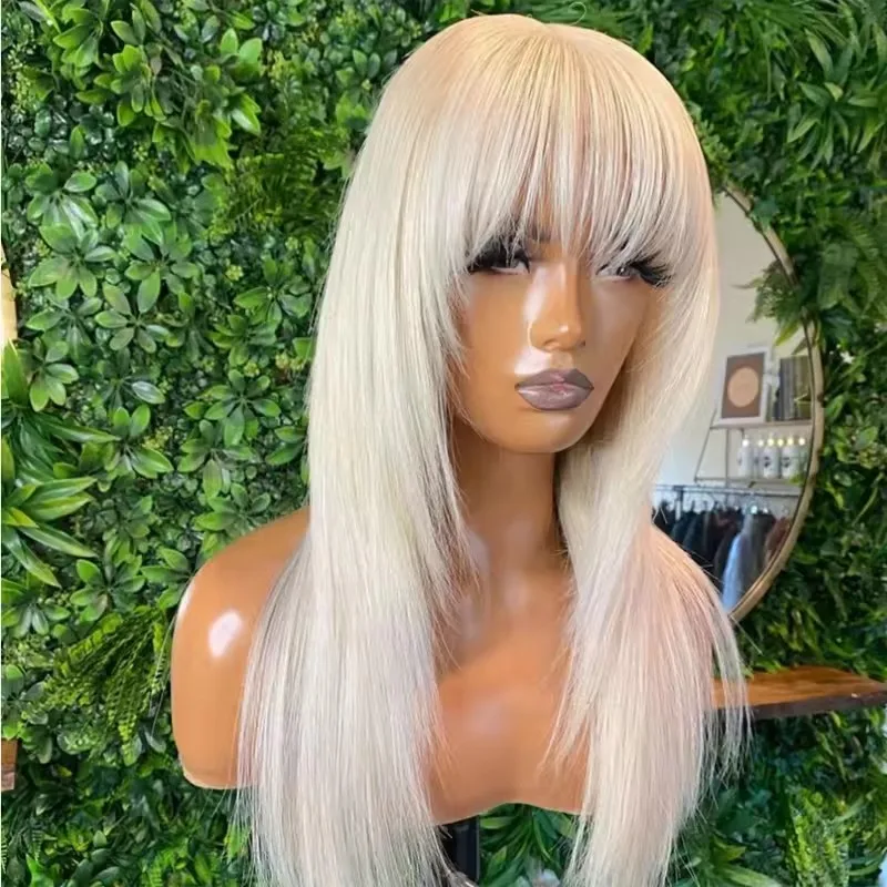 MXWIG Synthetic Hair Layer Blonde Straight Bangs Glueless  Lace Front Wig For Black Women Preplucked Daily Fiber Cosplay