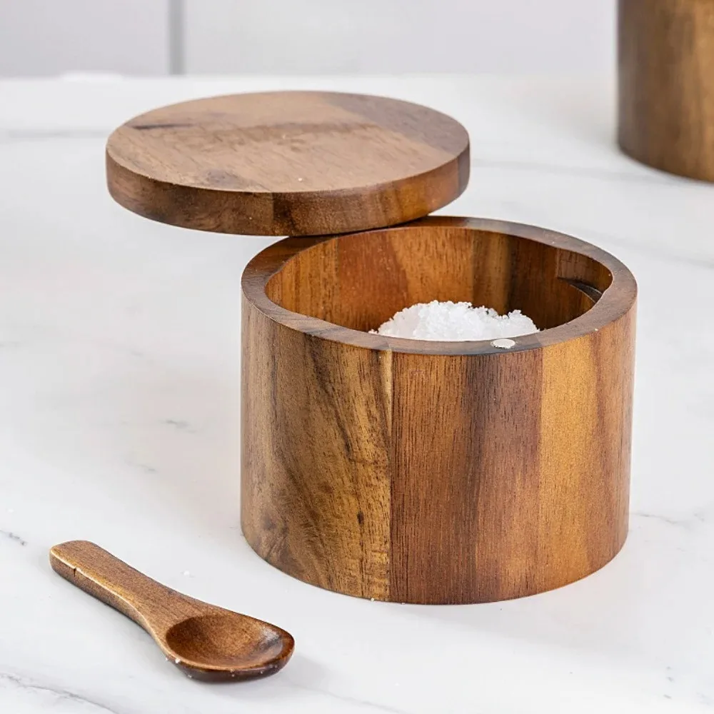 Tarro de sal demadera de acacia, caja decondimentos demadera maciza, caja depimienta de madera, botella decondimentos