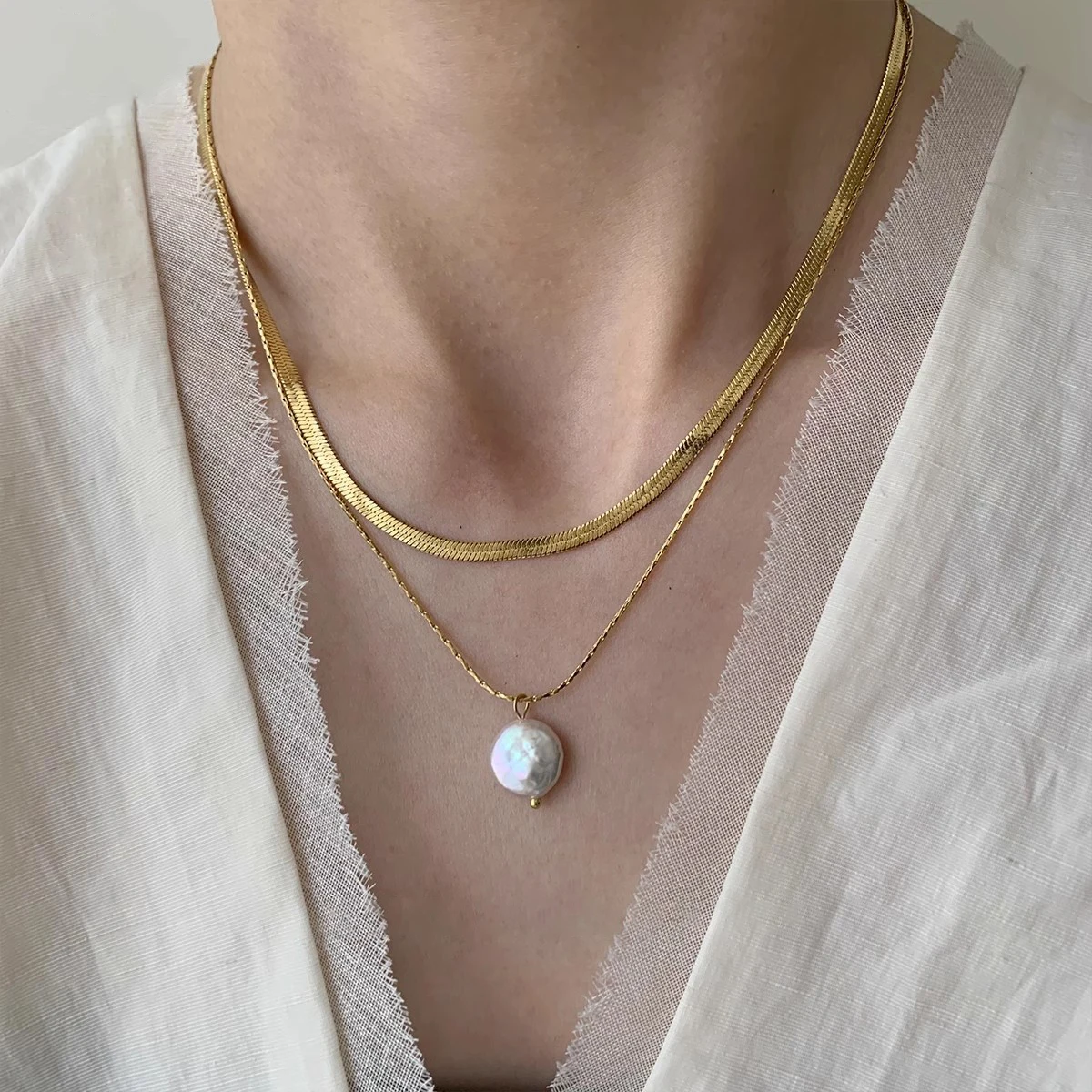 Peri'sbox Trend Elegant Jewelry Natural Freshwater Pearl Pendant Double Layer Chain for Women Stainless Steel Necklace Wholesale